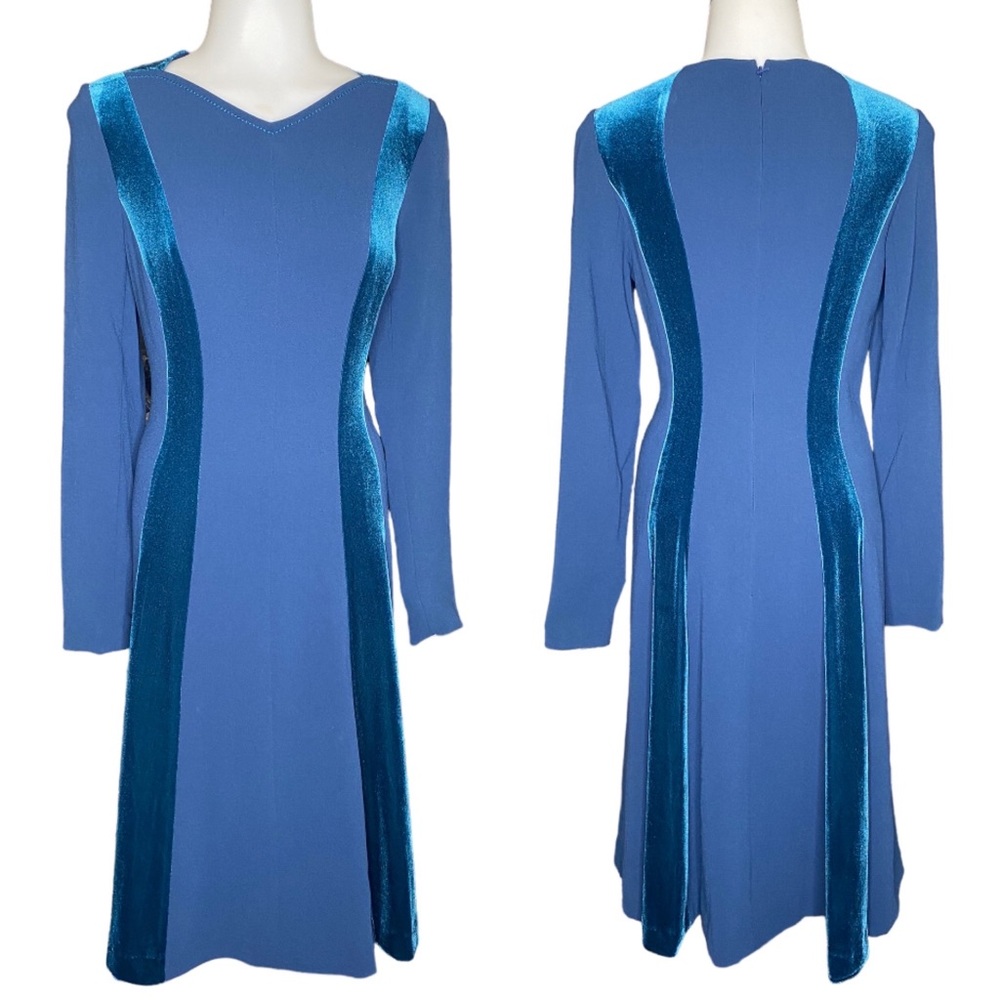✨NWT Rickie Freeman Teri Jon Teal Velvet Detail Fit and Flare Midi Dress Size 4